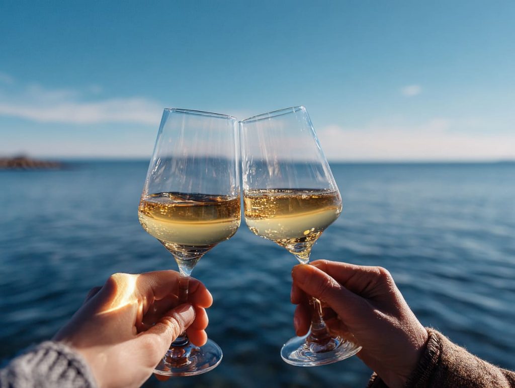 Verre de vin blanc au bord de la mer